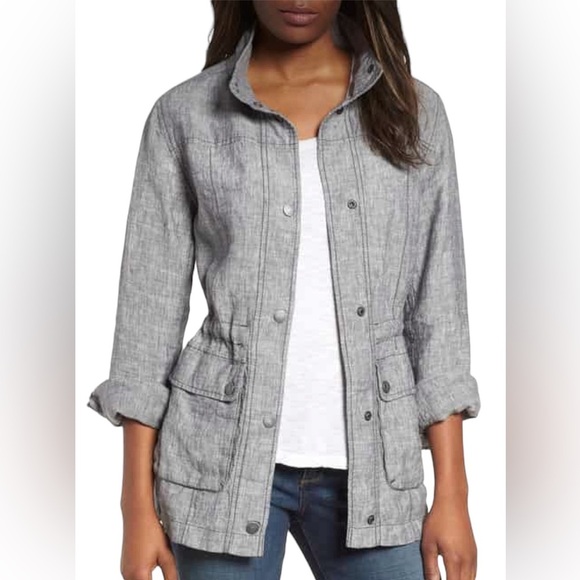 Caslon Women’s Cinch Waist Linen Utility Jacket Heather Black Small Petite - Picture 2 of 10